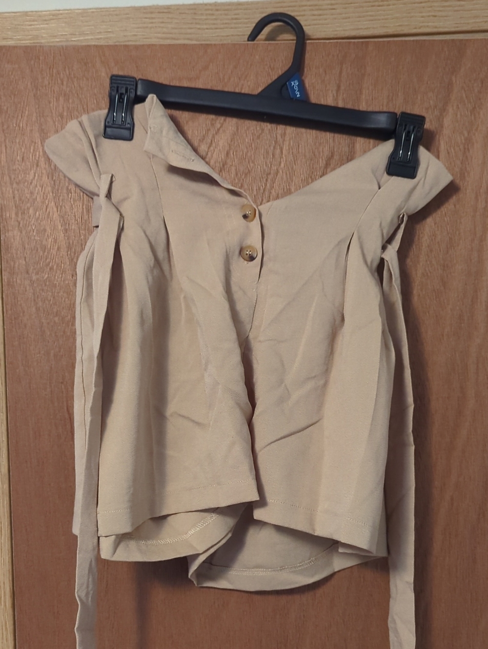 Beige Off-Shoulder Button Front Crop Top